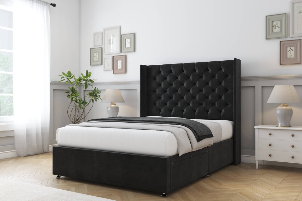 image 1 of Sloomy Dior Black Plush Divan Bed Base 2 Drawers Foot-End With 54 Inch Wingback Headboard | Black | Black | Double | 1