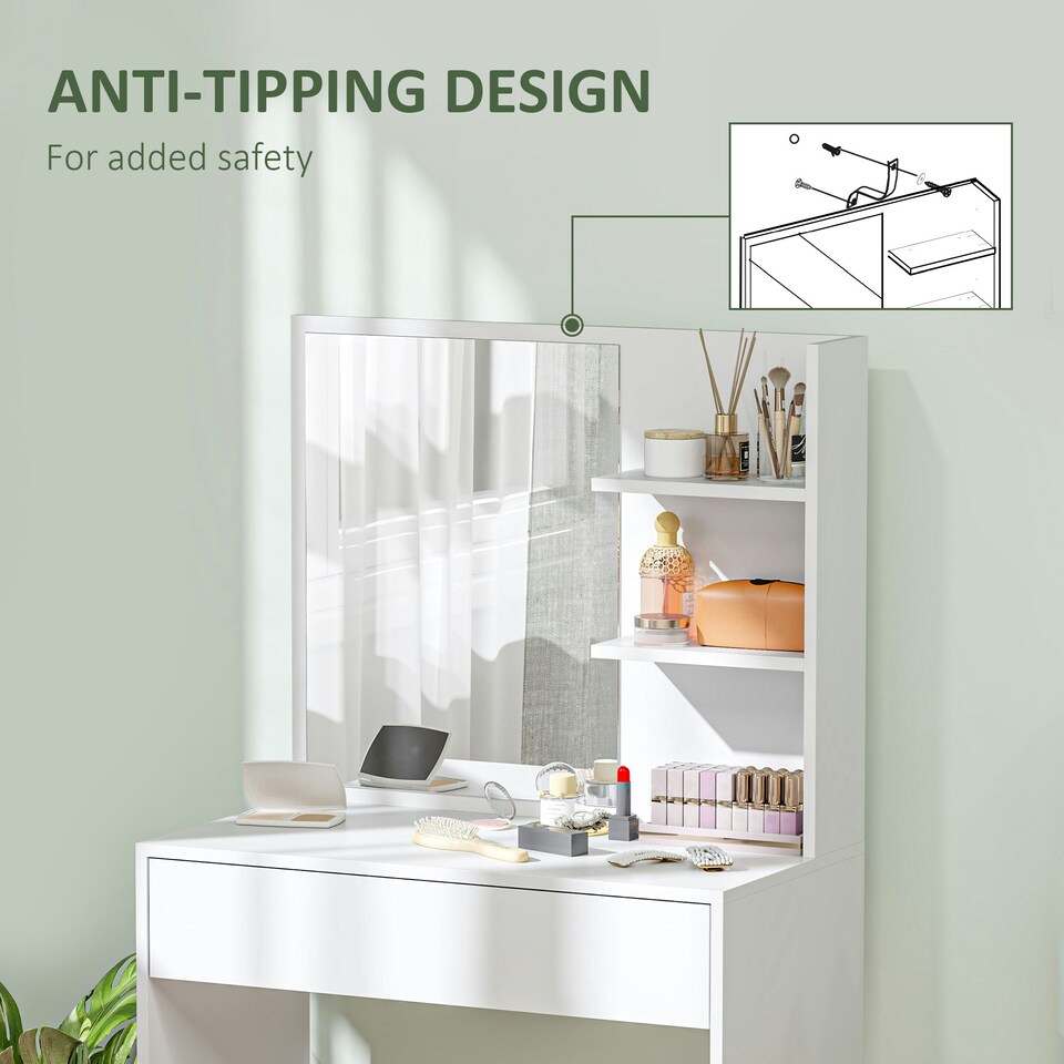 image 1 of HOMCOM Dressing Table with Mirror and Storage, Modern Vanity Desk, White White