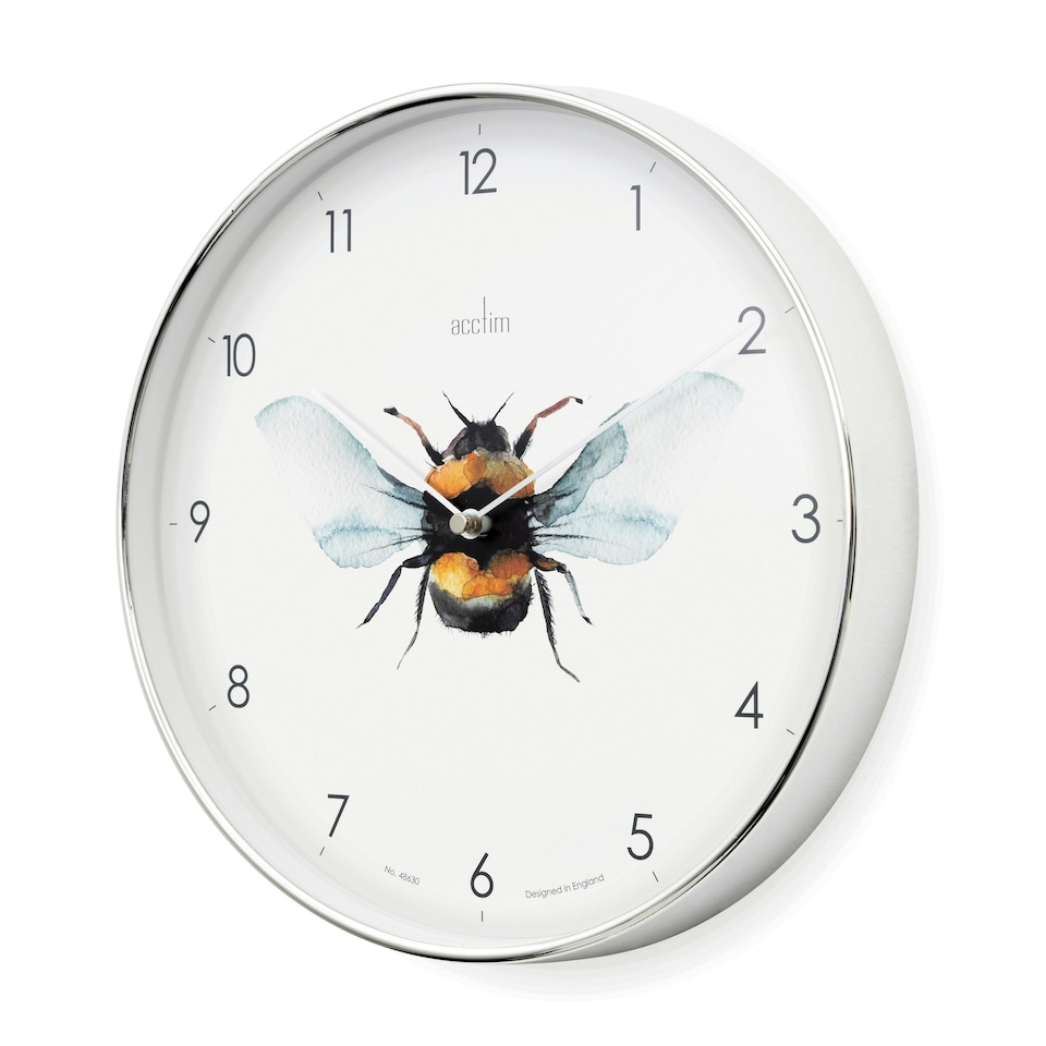 image 1 of Acctim Bee Wall Clock Quartz Chrome Effect Foil Embossed Arabic Dial 30cm Chrome | White