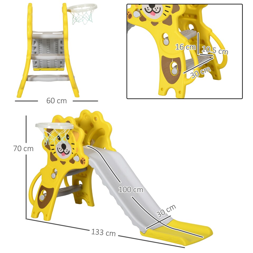 image 1 of AIYAPLAY 3 in 1 Kids Slide for Indoor with Basketball Hoop - Yellow