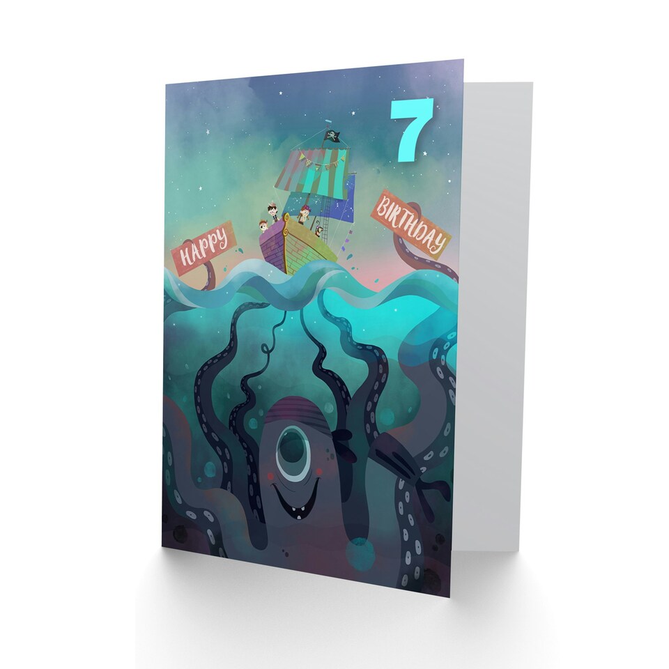 image 1 of Pirate Ship Octopus Cartoon Age 7 Year Old Child Kids 7th Birthday Card