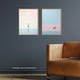image 2 of Set of 2 Prints Pink on Blue Water Minimalism Boat at Sea Umbrella  Home Decor Wall Art Prints 12X16 Inch