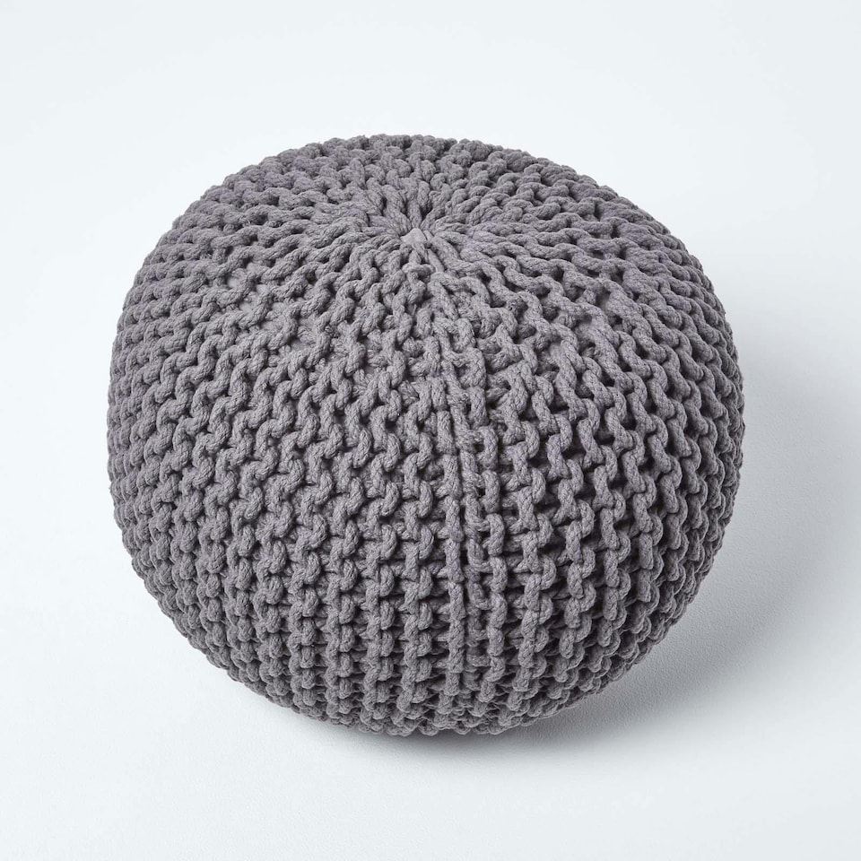 image 1 of Homescapes Sea Grey Round Cotton Knitted Pouffe Footstool - 35 x 40 cm | Grey | H 35cm x W 40cm