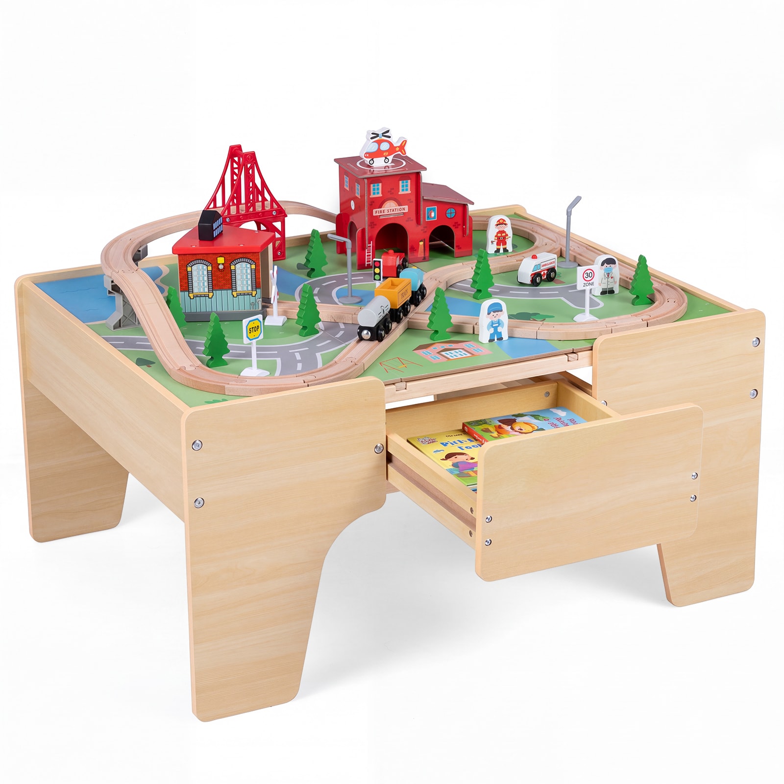 Costway 63-Piece Kids Train Table 3-in-1 Wooden Activity Table with Storage Drawer