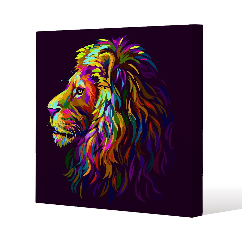 lion's head on a purple background in popart style (Canvas Print) / 90 x 90 x 4cm | Multi