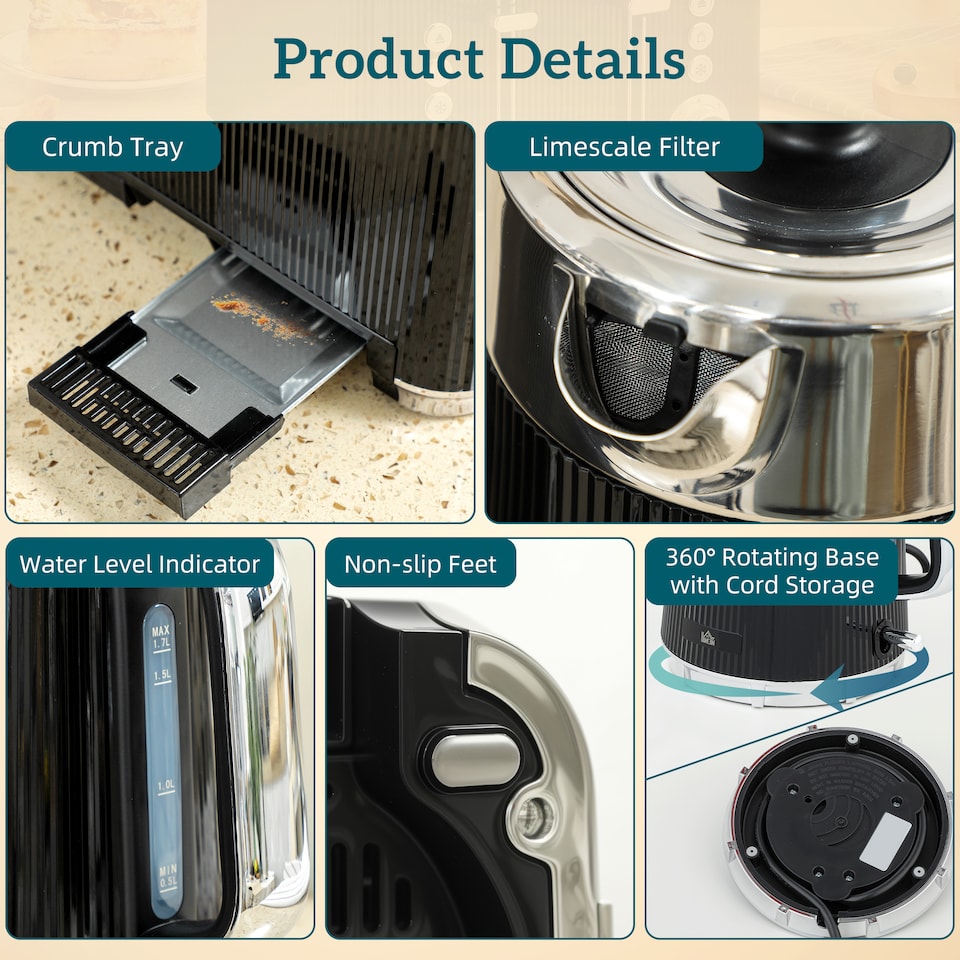 image 1 of HOMCOM Electric Stainless Steel Kettle and Toaster Set, 3000W 1.7L UK Strix Thermostat Fast Boil Kettle w Limescale Filter, Cool Touch Body, 4 Slice Toaster with 7 Browning Levels, Crumb Tray, Black