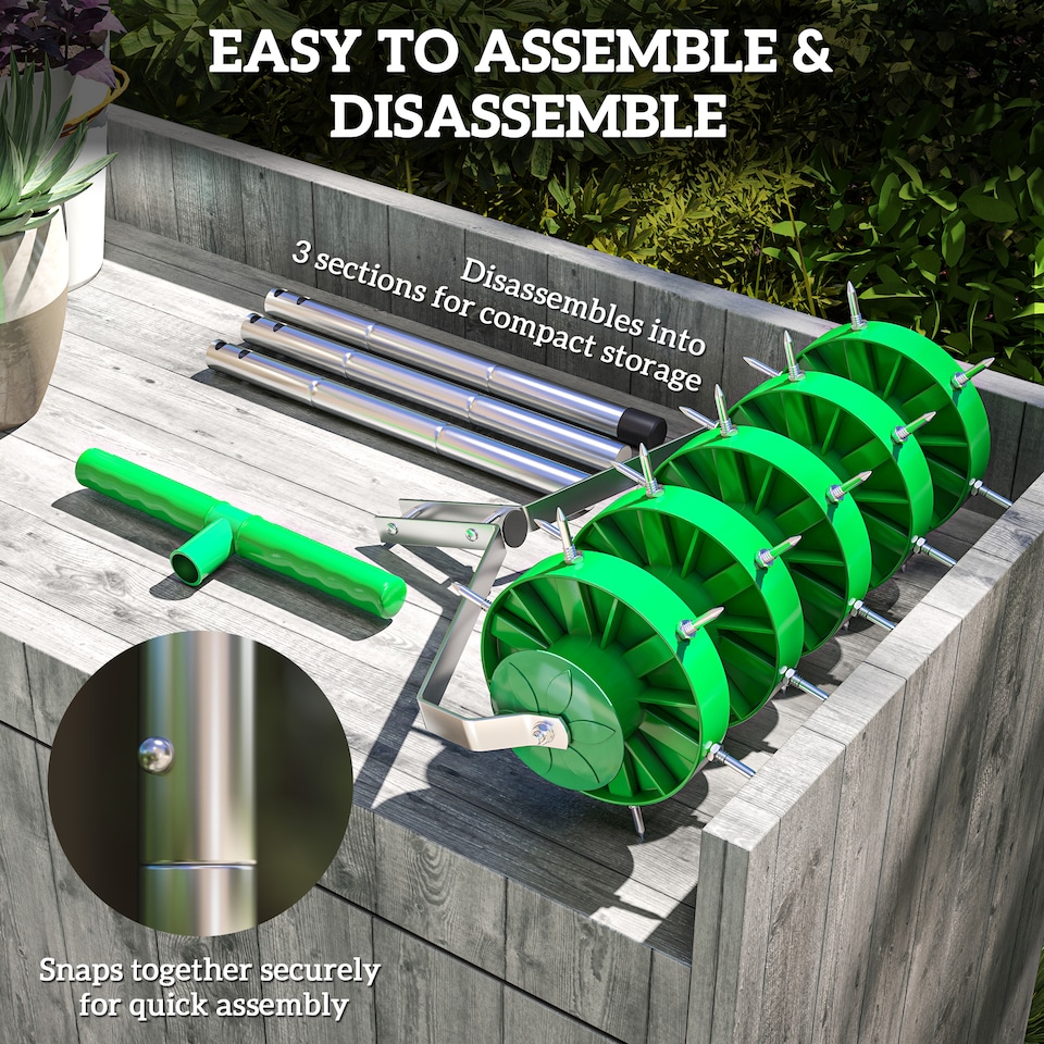 image 1 of Outsunny Rolling Lawn Aerator, Heavy Duty Garden Aerator, Manual Lawn Spike Roller with Tbar Grip and 3 Piece Detachable Handle, Outdoor Garden Lawn Tool Dark Green