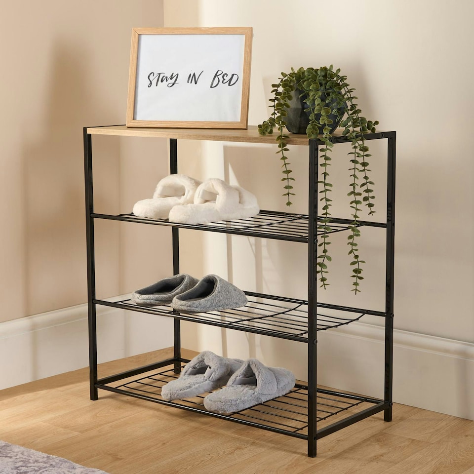 image 1 of OHS 4 Tier Home Hallway Bedroom Shoe Storage Organiser Wire Shelving Unit - Black