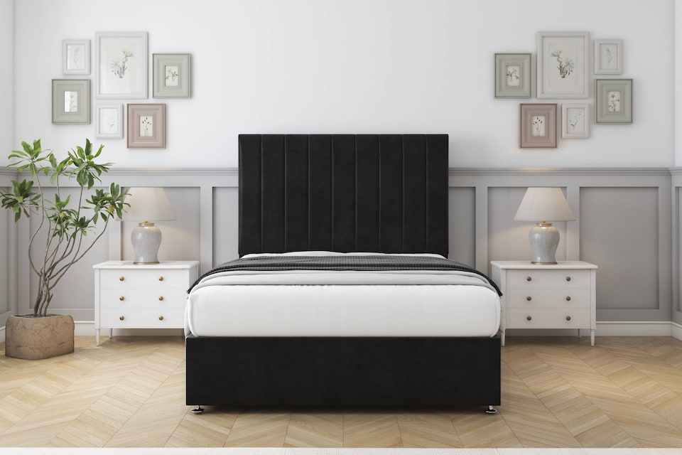 image 1 of Sloomy Kansas Black Plush Divan Bed Base No Drawers With 26 Inch Strutted Headboard | Black | Black | Small Double | 1