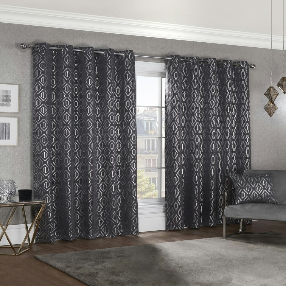 image 1 of Element Geometric Thermal Blackout Eyelet Curtains 116cm x 137cm Charcoal | Grey | Grey