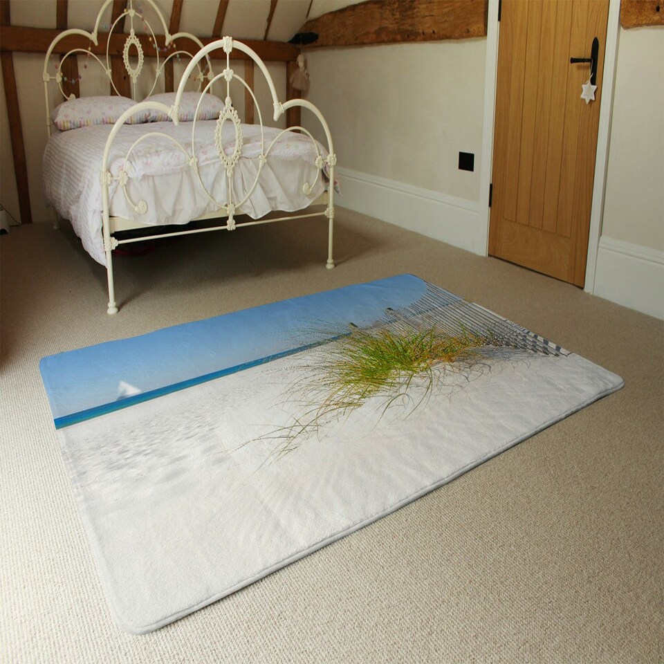 image 1 of Beautiful sand dune fence by sea grass with sailboat on horizon (Rug) Cream | XL