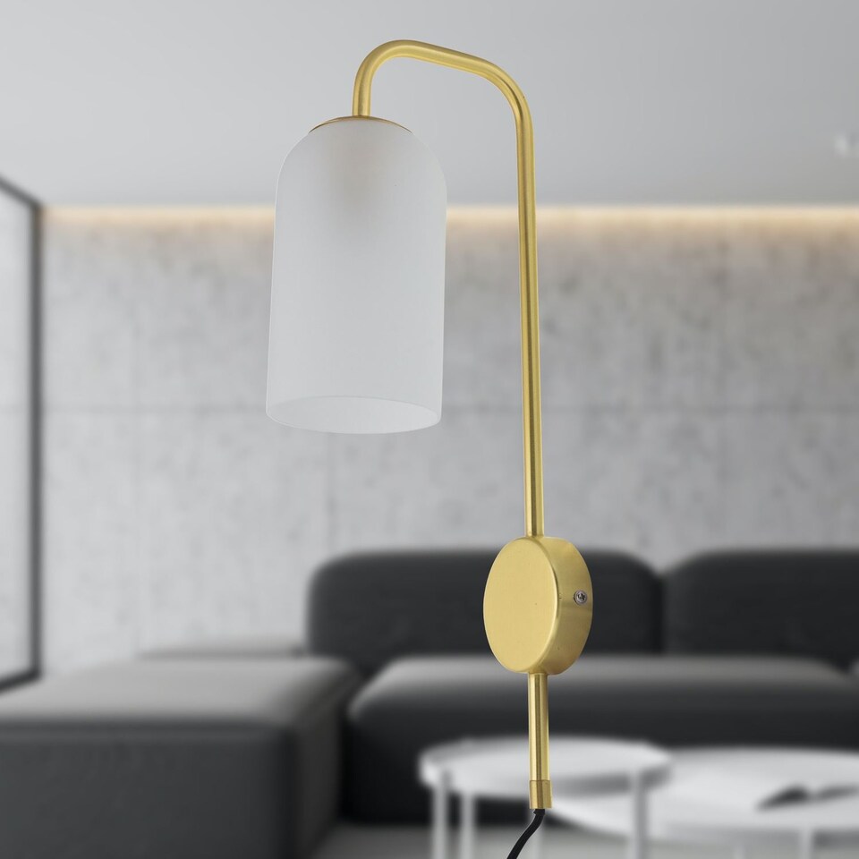 image 1 of Set of 2 Victoria - Satin Brass Plug in Wall Lights Frost Glass Shades | Gold | White | 2