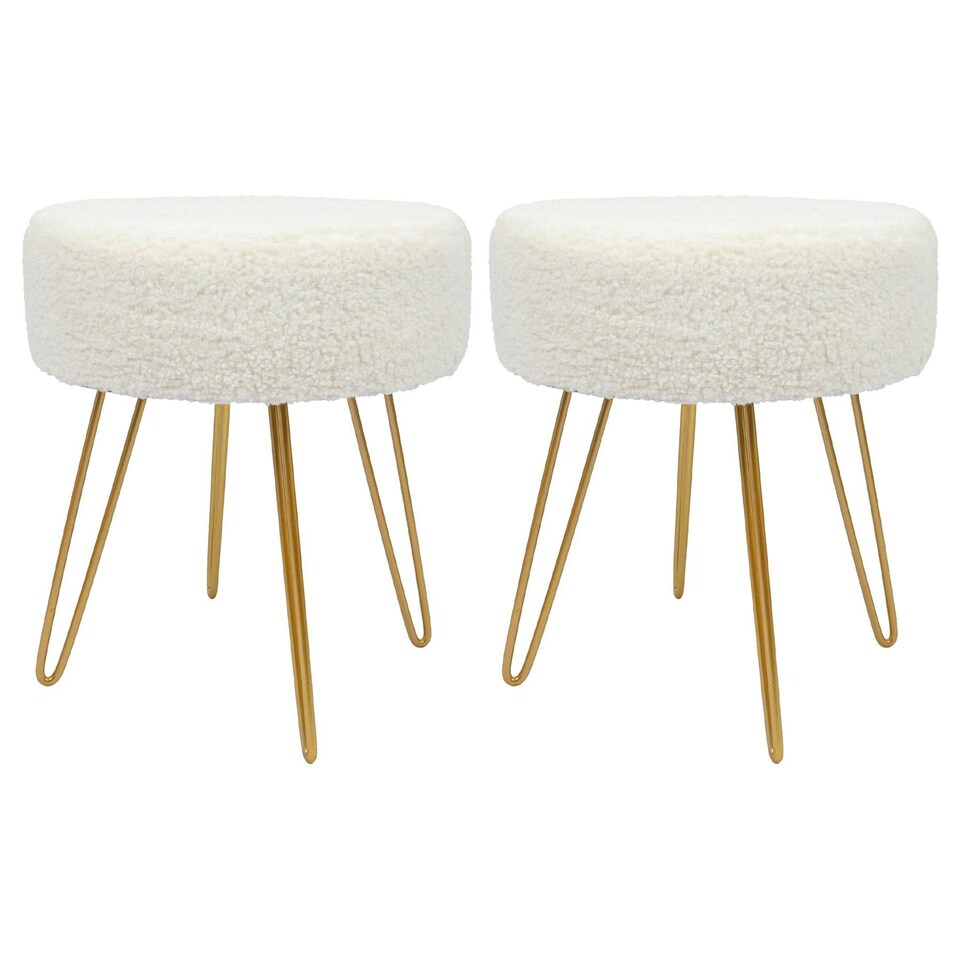 image 1 of Harbour Housewares Set Of 2 Cream Boucle Footstools Round Ottomans With Gold Base H41 x D35cm Modern Neutral Accent Seating Cream