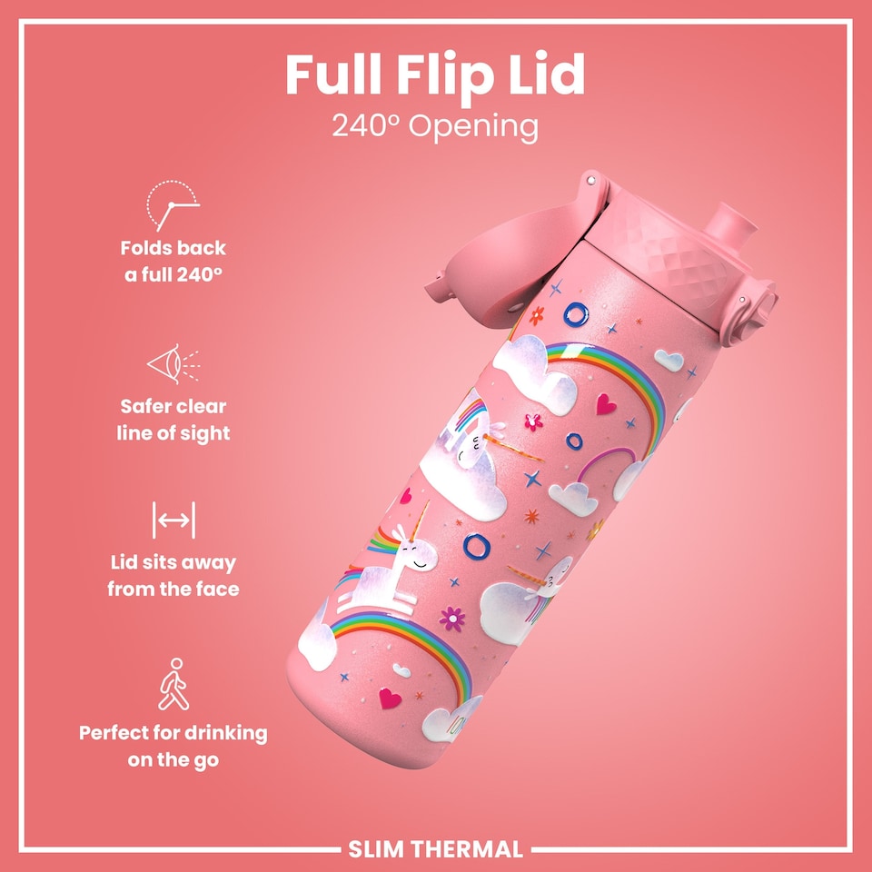 image 1 of Leak Proof Slim Water Bottle, Vacuum Insulated, 500ml (17oz) | Pink | Unicorn Rainbows | One Size