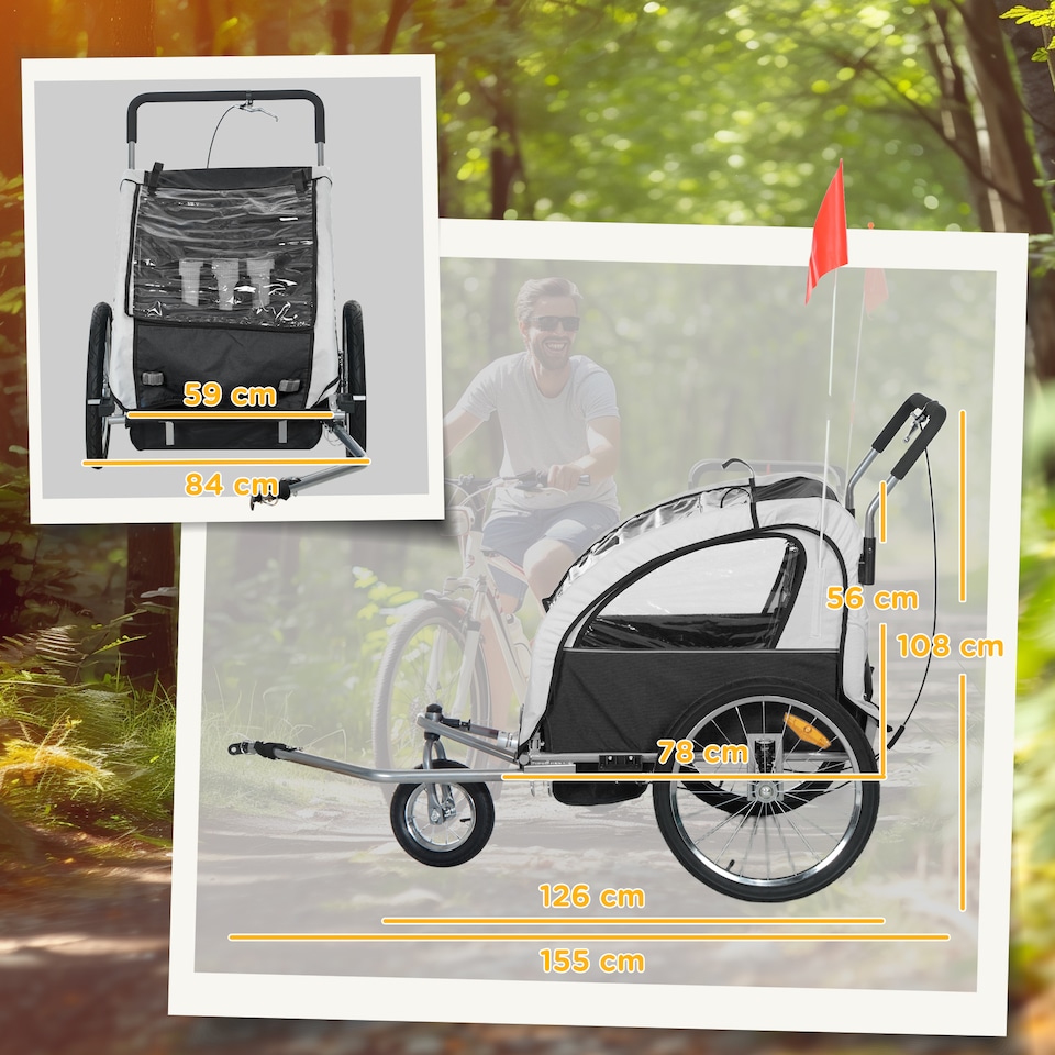 image 1 of HOMCOM 2 Seat Bike Trailer with 5 Point Harness, for 18+ Months, Black | Black | Black