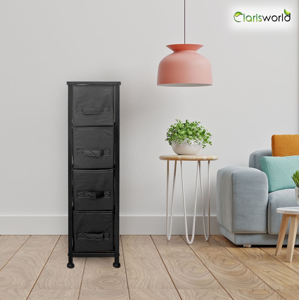 image 1 of Clarisworld 4 Narrow Drawer Storage Tower Dresser with Wood Top, Steel Frame & Laminated Fabric Drawers, Slim Storage Organiser Unit for Bedroom, Hallway, Entryway, Closet & Office