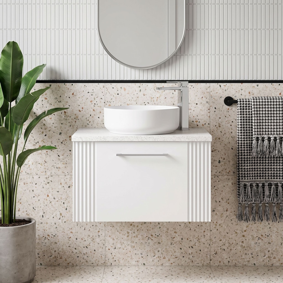 image 1 of Balterley Partial Fluted 1 Drawer Wall Hung Vanity Unit with Sparkling Laminate Worktop | White | Satin White