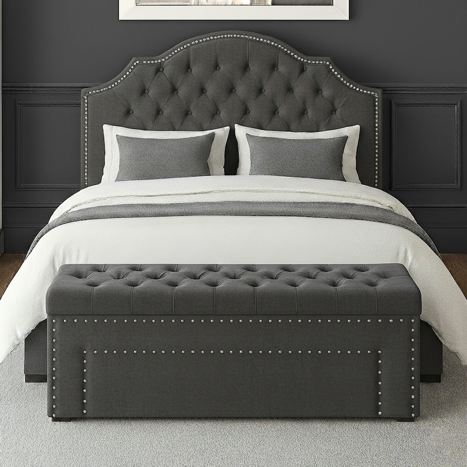 image 1 of 90cm Duke Ottoman Storage Box -Upholstered Blanket Box - Steel Grey Plush Velvet Multifunctional Storage Box