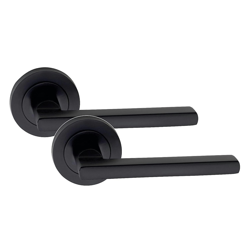 image 1 of Golden Grace 1 Pair Leon Design Door Handles on Round Rose in Matt Black Finish with 2.5" Tubular Latch - 52mm Diameter | Black | 1 Pair