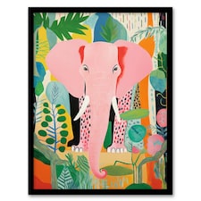Pink Jungle Animal Fun Multicoloured Elephant Black Framed Wall Art Print A4