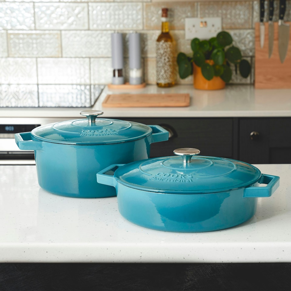 image 1 of Cooks Professional Cast Iron Casserole Set of 2 | 26cm and 28cm | Enamelled Inside and Out | Graduated Teal