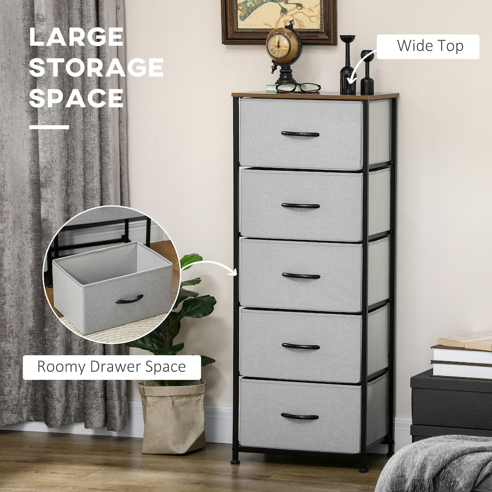 image 1 of HOMCOM 5 Drawer Fabric Chest of Drawers w/ Wooden Top