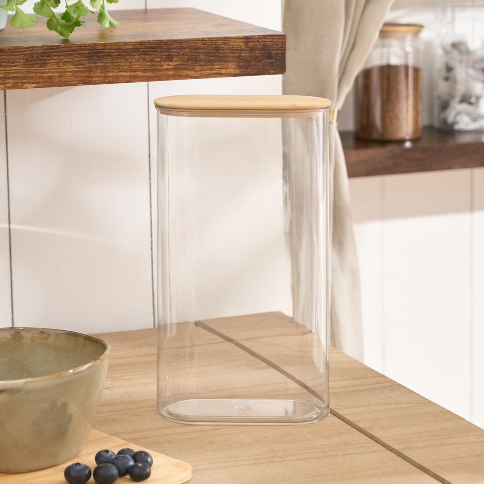 image 1 of OHS Clear Oval Storage Tub with Lid Pasta Dry Food Container Bamboo | Clear | Clear/Bamboo