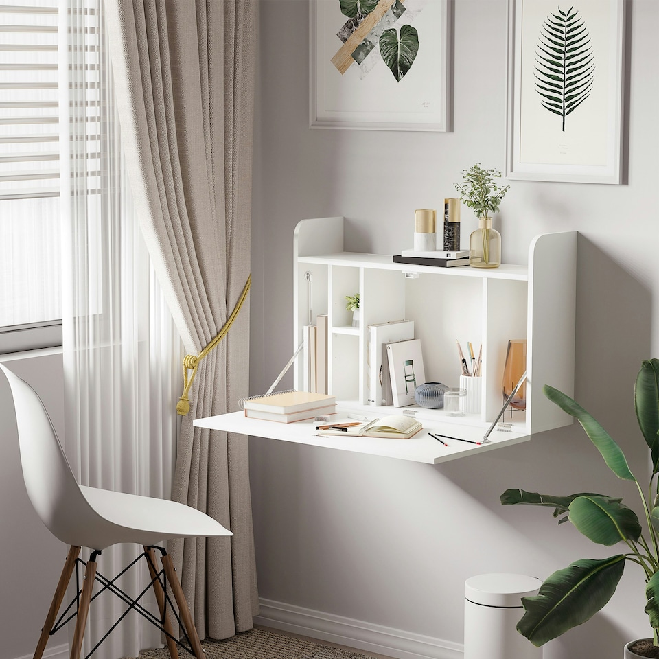 image 1 of HOMCOM Wall Mounted Table w/ Space Saving Storage Compartments for Home Office