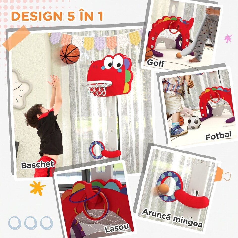 image 1 of AIYAPLAY 5-in-1 Basketball Set with Adjustable 96-130 cm Height, Red