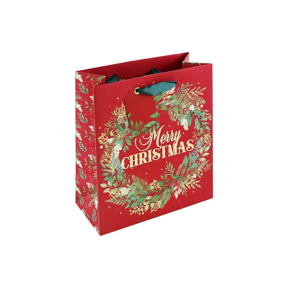 image 1 of Pack of 12 Merry Christmas Wreath Embossed Medium Red Gift Bags