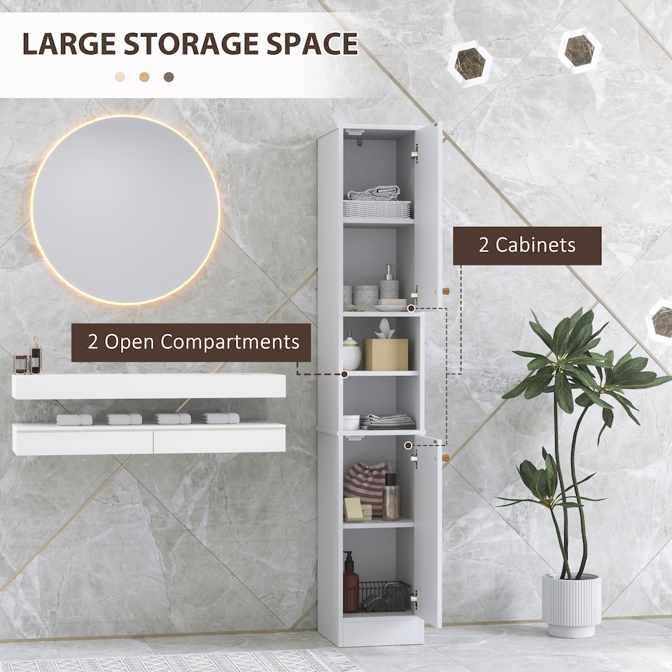 image 1 of HOMCOM Tall Bathroom Storage Cabinet with Doors, Slim Bathroom Storage Unit with Adjustable Shelves, Freestanding Bathroom Storage Unit, White | White | White