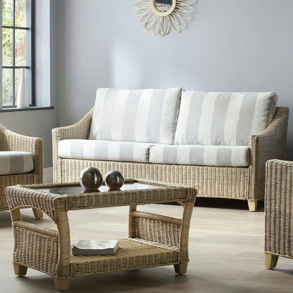 image 1 of Desser Dijon Natural 3 Seater Rattan Sofa Set in Athena Stripe - Conservatory Sofa Suite