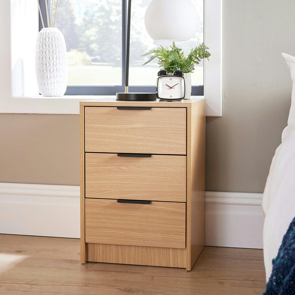 image 1 of Bedside 3 Drawer Storage Oak Effect Clothing Nightstand Organiser Bedroom Table