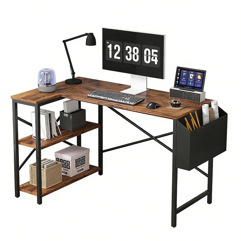 image 1 of MCC Direct Computer Desk L Shaped Corner Desk with Adjustable shelves - Lotus 120cm Brown | Brown