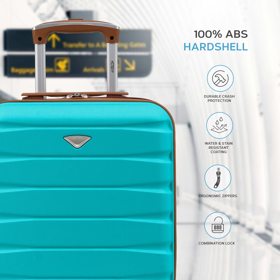 image 1 of Flight Knight Suitcase Sets 3 Piece, Large Suitcase, Extra Large Suitcase, easyJet Cabin Bag 45x36x20cm Underseat Carry On, 100+ Airlines Approved - BA, Ryanair Blue | Aqua/Tan | Large