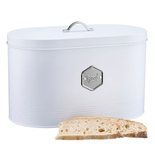 Cooks Professional Bread Bin - Metal Food Storage Cannister with Nameplate | White | White & Silver