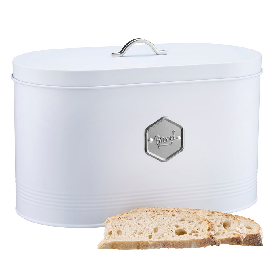 image 1 of Cooks Professional Bread Bin - Metal Food Storage Cannister with Nameplate | White | White & Silver