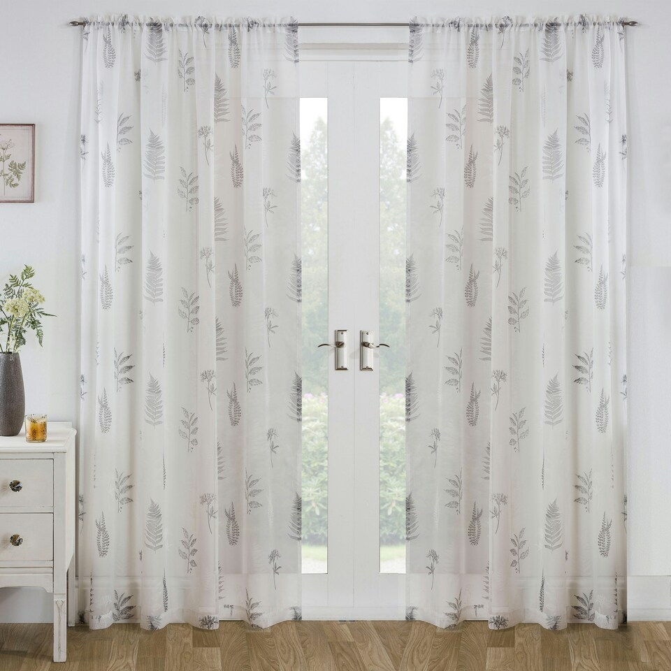 image 1 of Pair of Bracken Grey Leaf Print Voile Panels 183 cm (72 inch) Rod Pocket Panels for Bedroom and Living Room