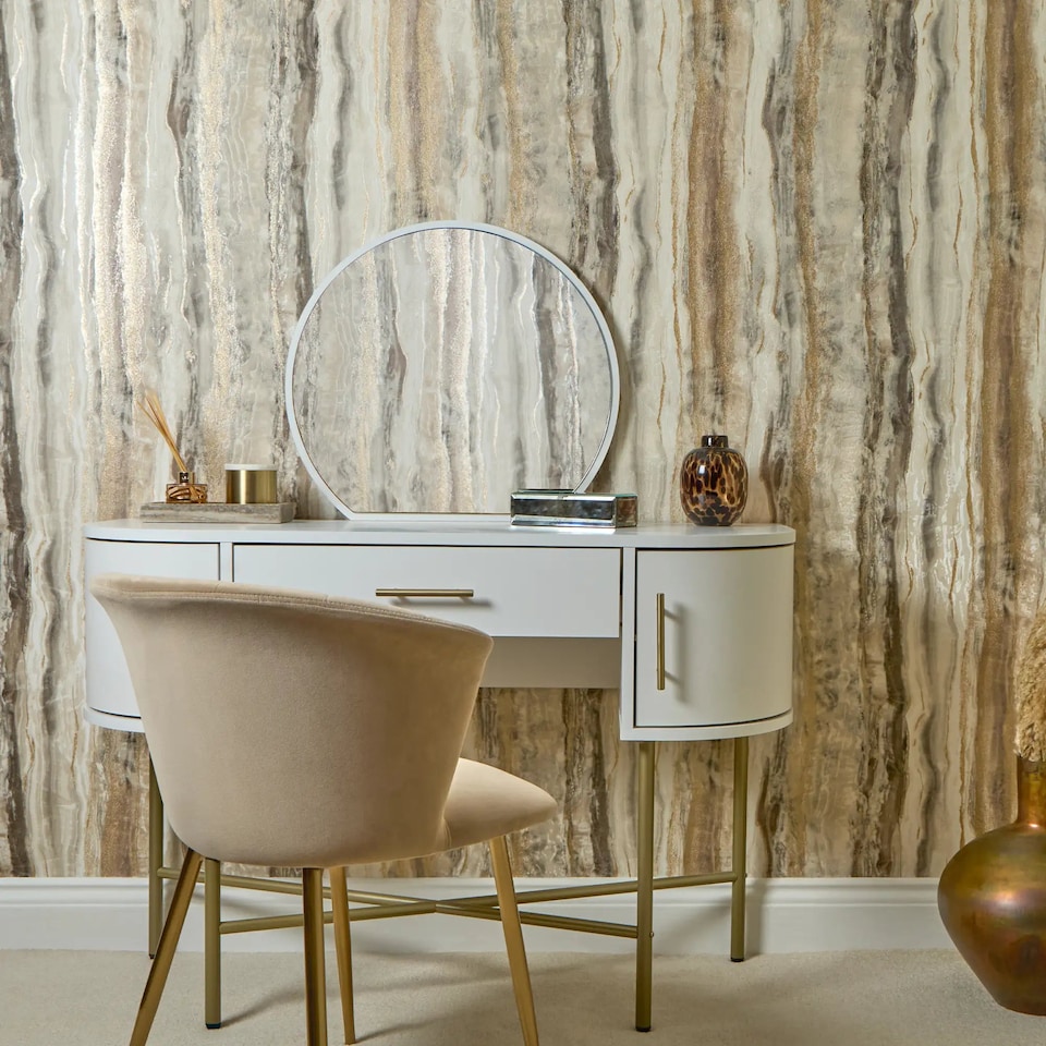 image 1 of Oslo Wallpaper in Cream and Mocca with Gold Metallic | Brown | Brown, Cream, Gold | 53cm x 10m