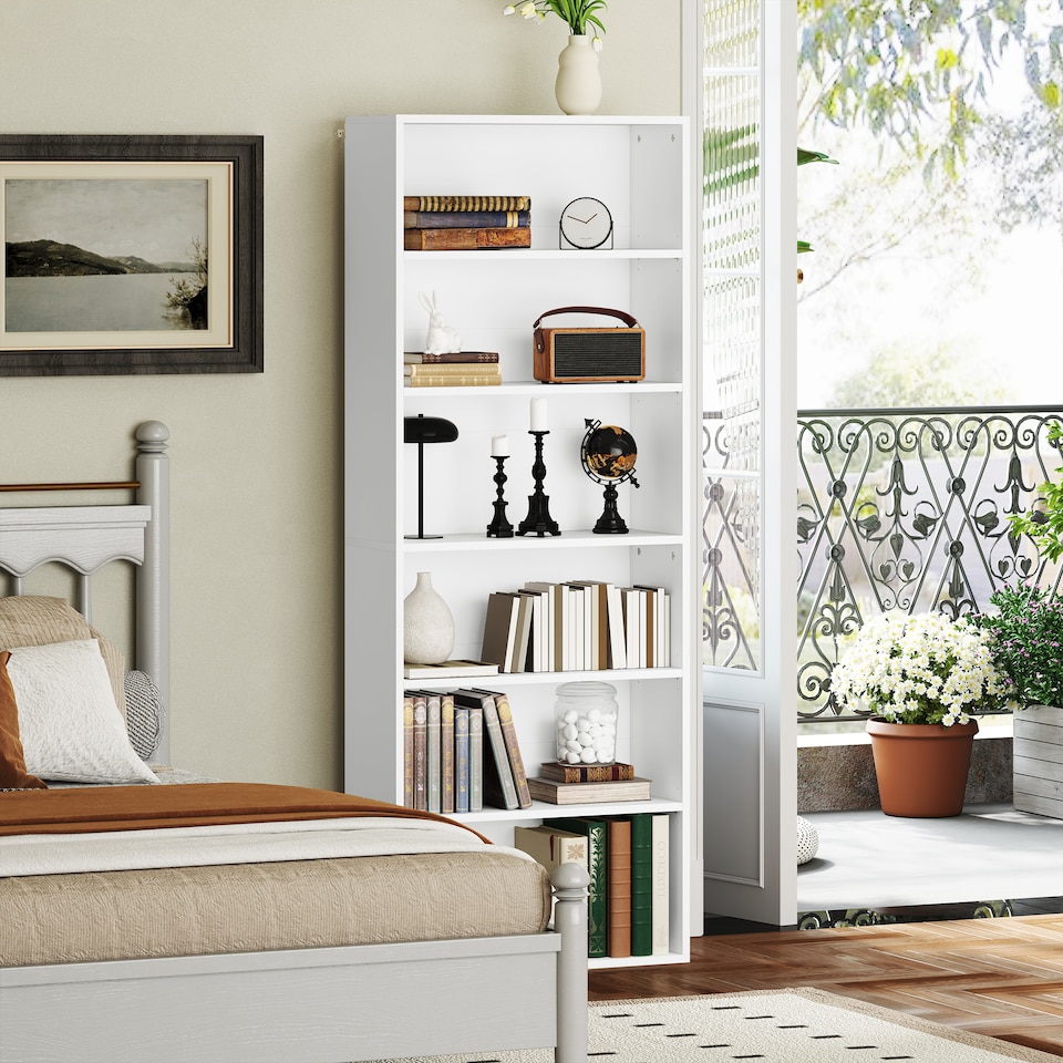 image 1 of HOMCOM 6 Tier Bookshelf, Freestanding Bookcase with Adjustable Shelves, Display Storage Unit for Living Room, Bedroom, Study, 60 x 24 x 158.5 cm, White | White | White
