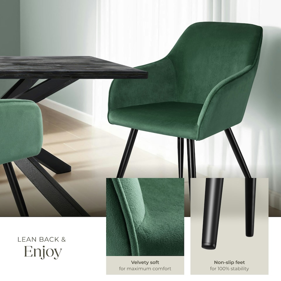image 1 of Dining Chair Marilyn - with armrests, padded, velvet look, black steel legs - Set of 8 Green | Dark Green/Black