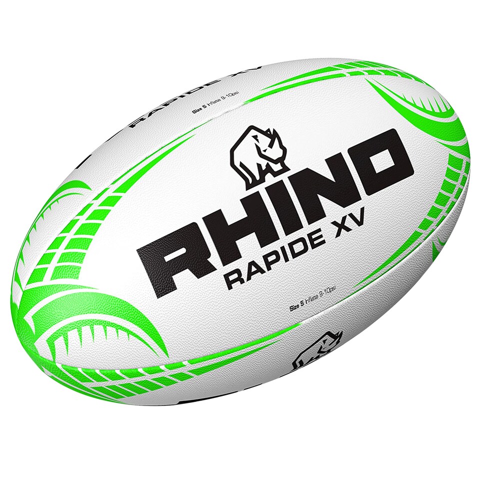 image 1 of Rhino Rapide XV Rugby Ball | White | White/Green | 4 | 1
