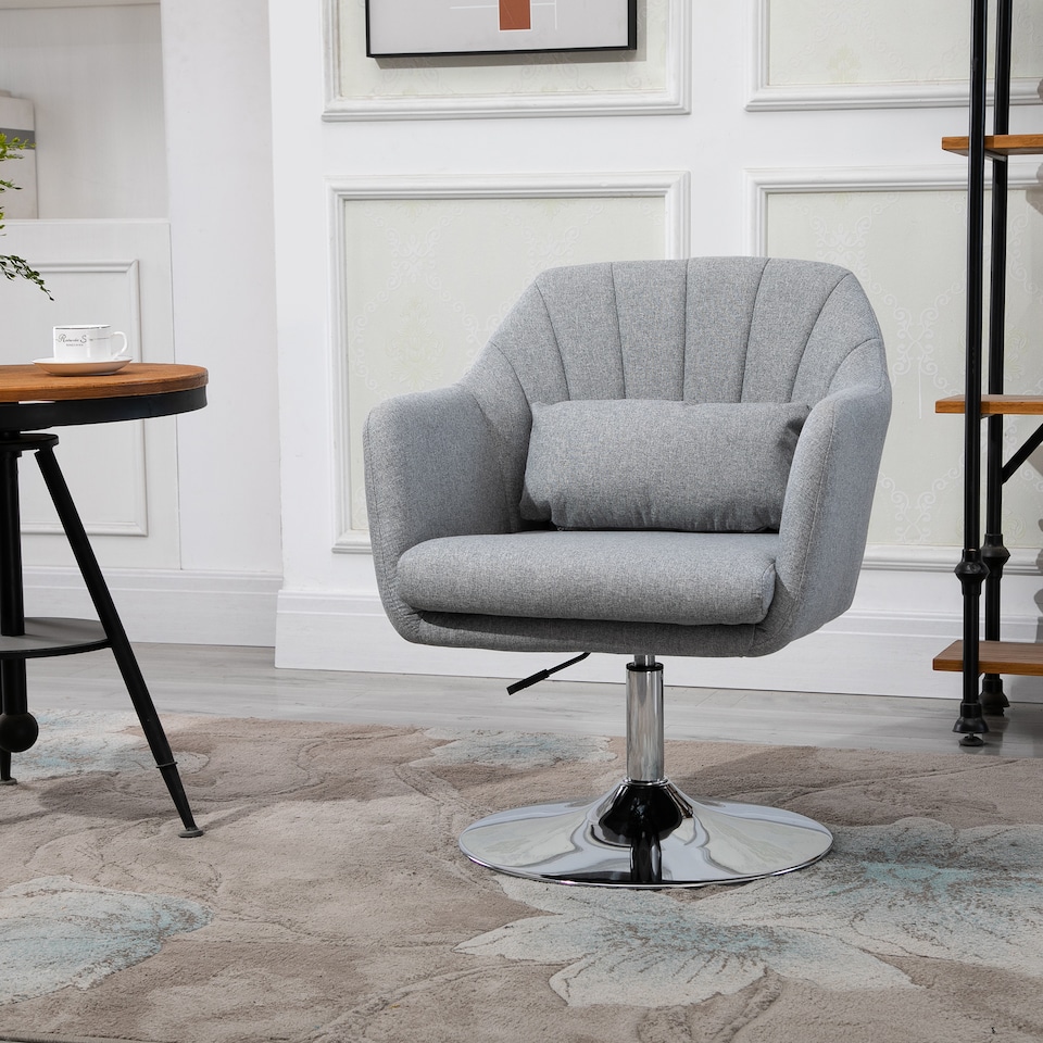 image 1 of HOMCOM Swivel Linen Fabric Accent Chair for Living Room Contemporary Vanity Armchair with Adjustable Height Thick Cushion Lumbar Support Armrest for Bedroom Office Light Grey