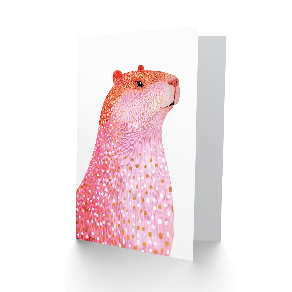 image 1 of Cute Pink Capybara White Gold Polka Dot Fur Coat Birthday Greeting Card