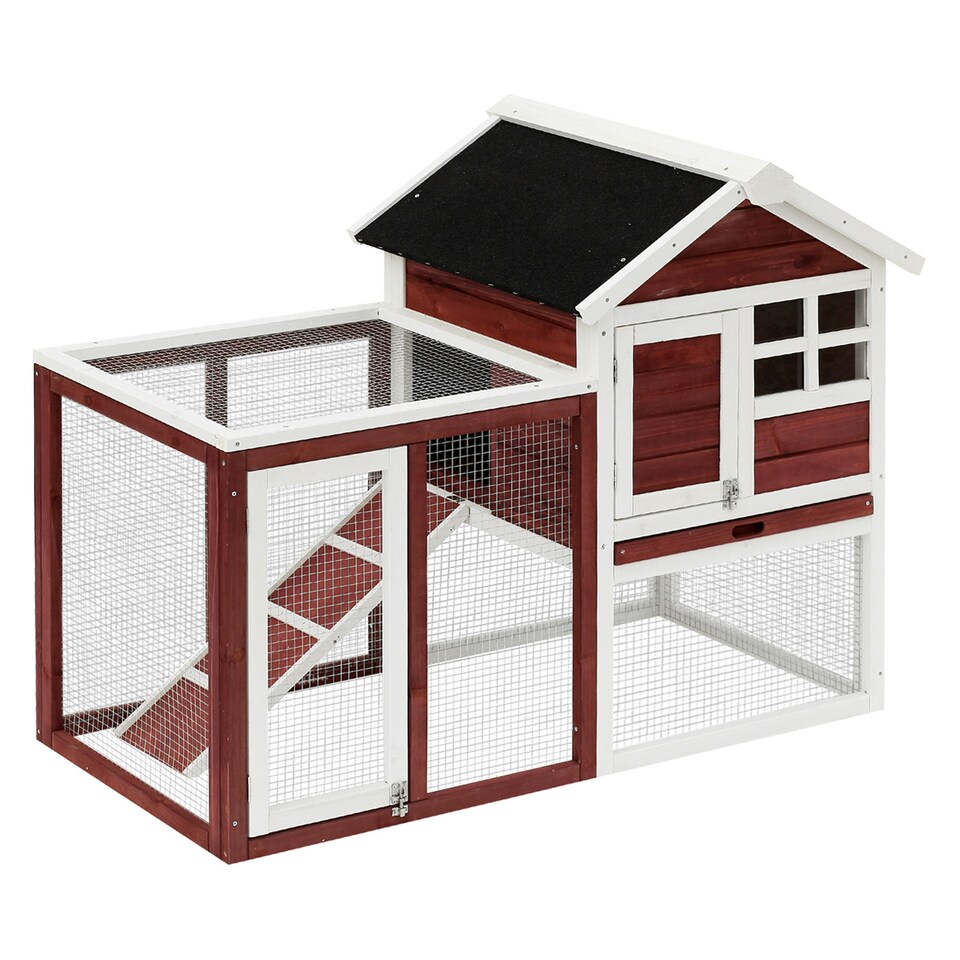 image 1 of PawHut Rabbit Hutch, Bunny Cage Outdoor Wooden House w/Tray & Ramp, Brown