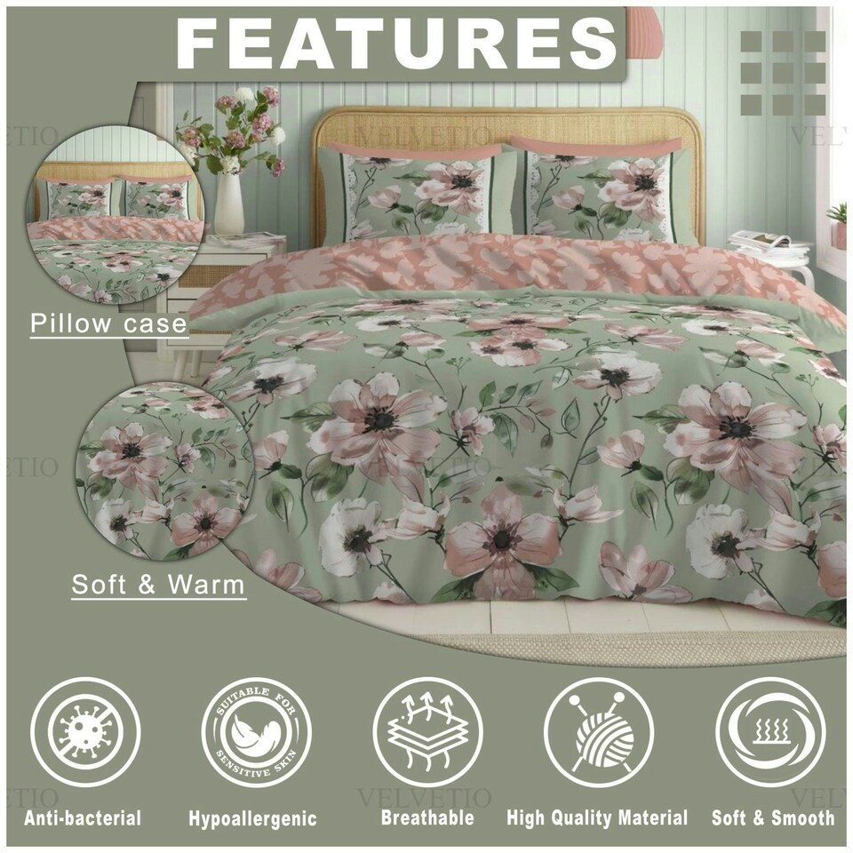 image 1 of VELVETIO Hayes Complete Duvet Cover Set with Fitted Sheet Breathable Bedding Quilt Green | Double