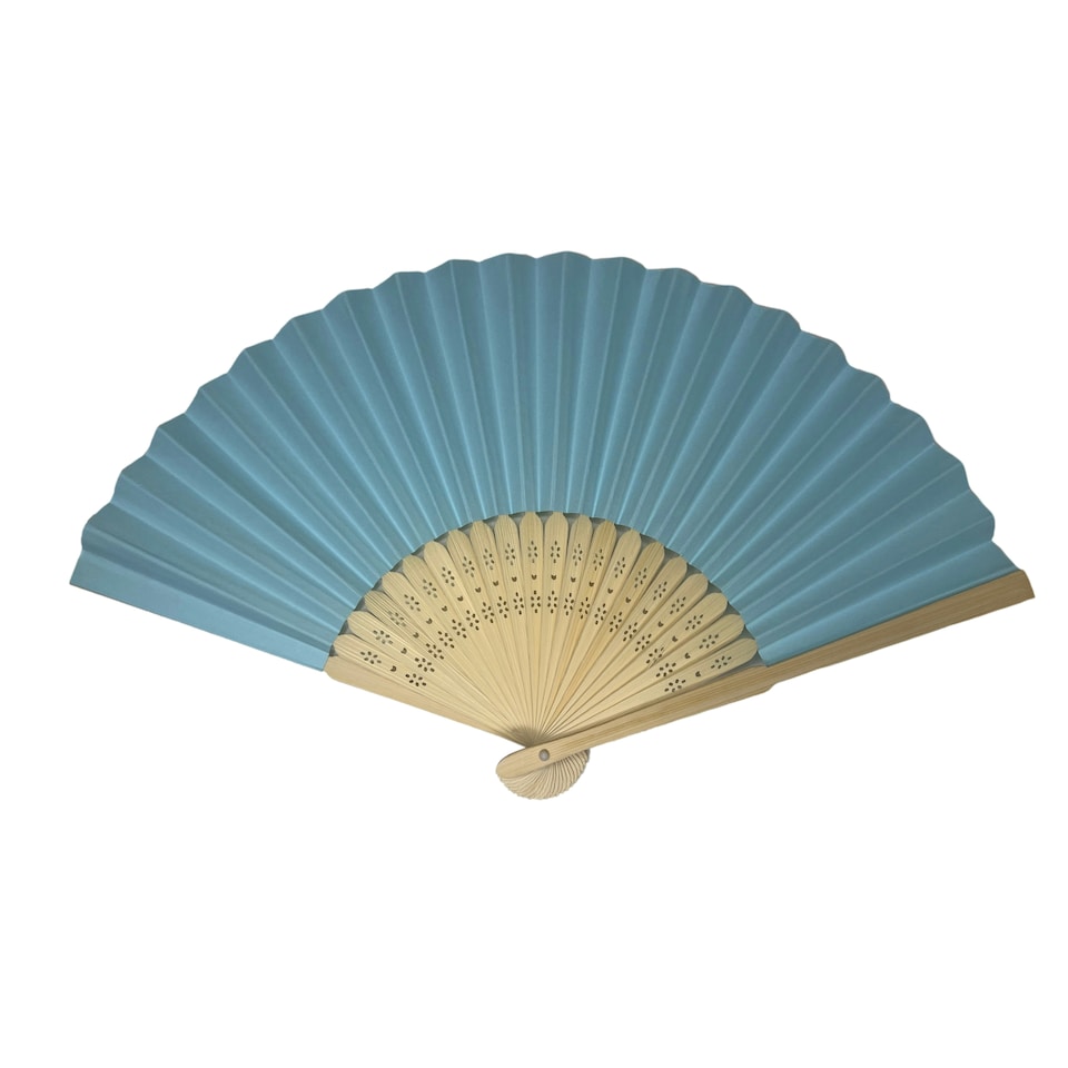 image 1 of Light Blue Paper Foldable Hand Held Bamboo Wooden Fan by Parev