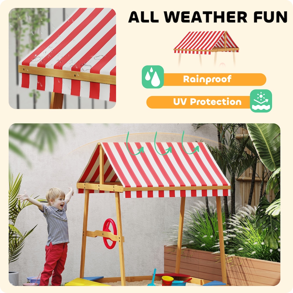 image 1 of AIYAPLAY Wooden Kids Sandpit with Canopy, Seats, Rudder & Bottom Liner