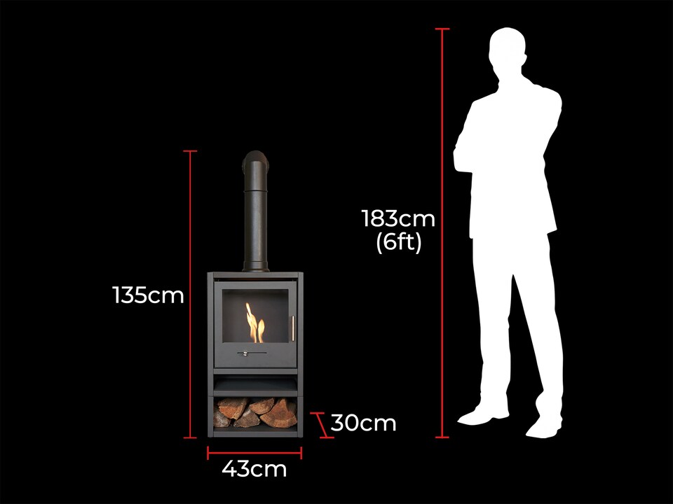 image 1 of OKO S1 Bio Ethanol Stove with Log Storage in Charcoal Grey & Tall Angled Stove Pipe