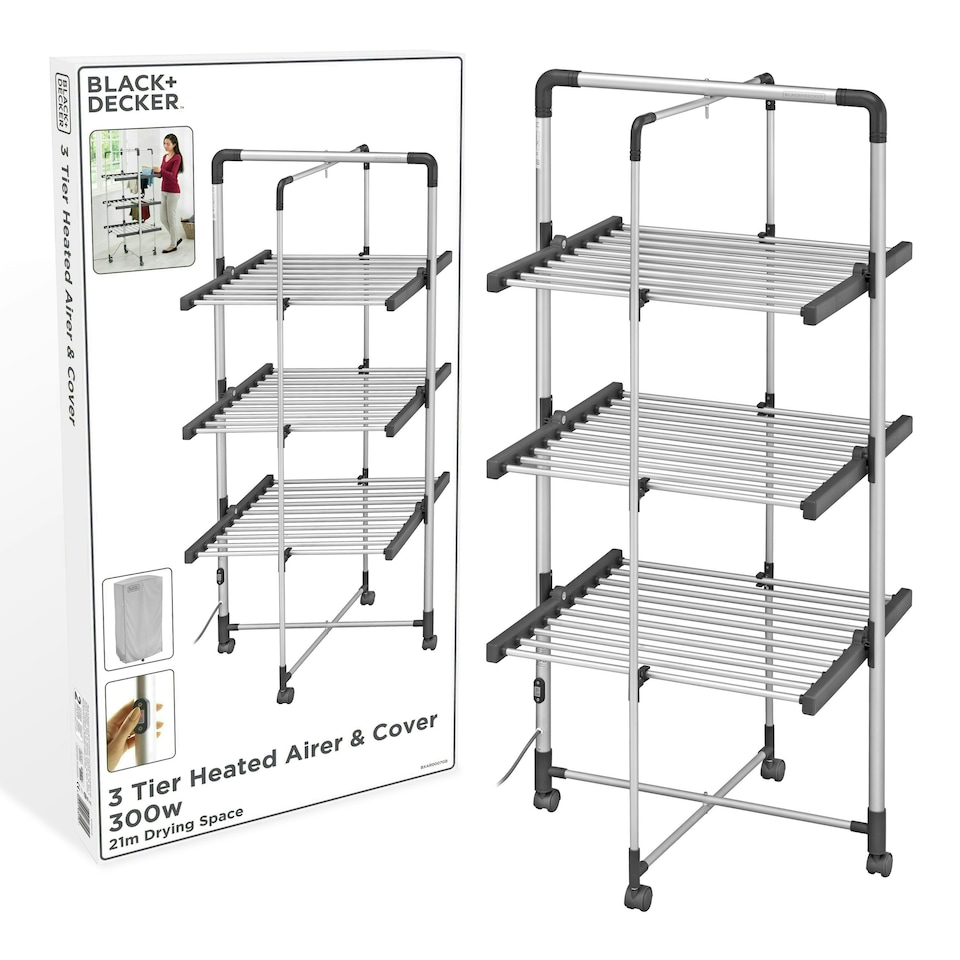 image 1 of BLACK+DECKER 63091 3-Tier Heated Clothes Airer with Cover & Wheels